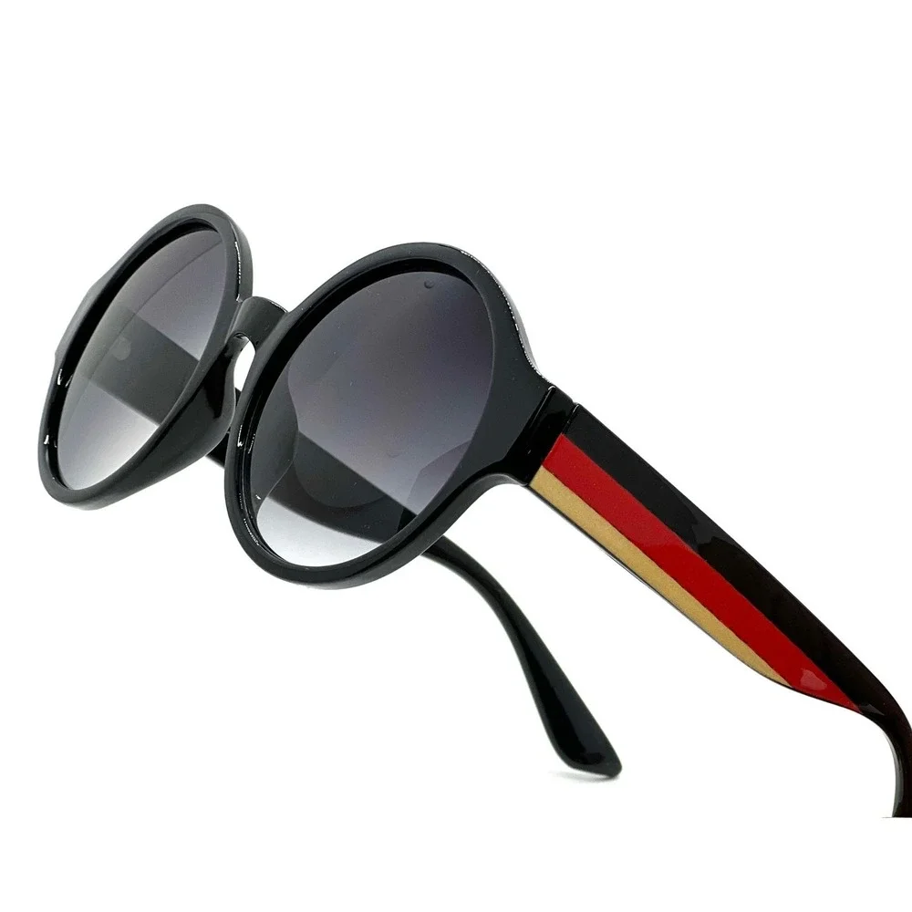 Round Oversized Sunglasses Women's Fashion‎ Black Frame Red Stripe UV400 Protect